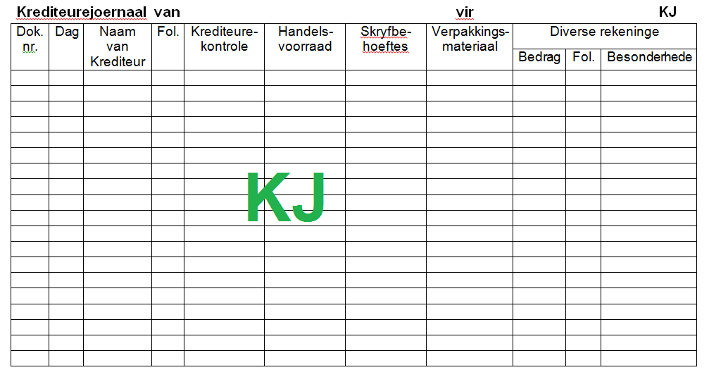 KJ – Krediteurejoernaal templaat (CJ – Creditors Journal) • Teacha!