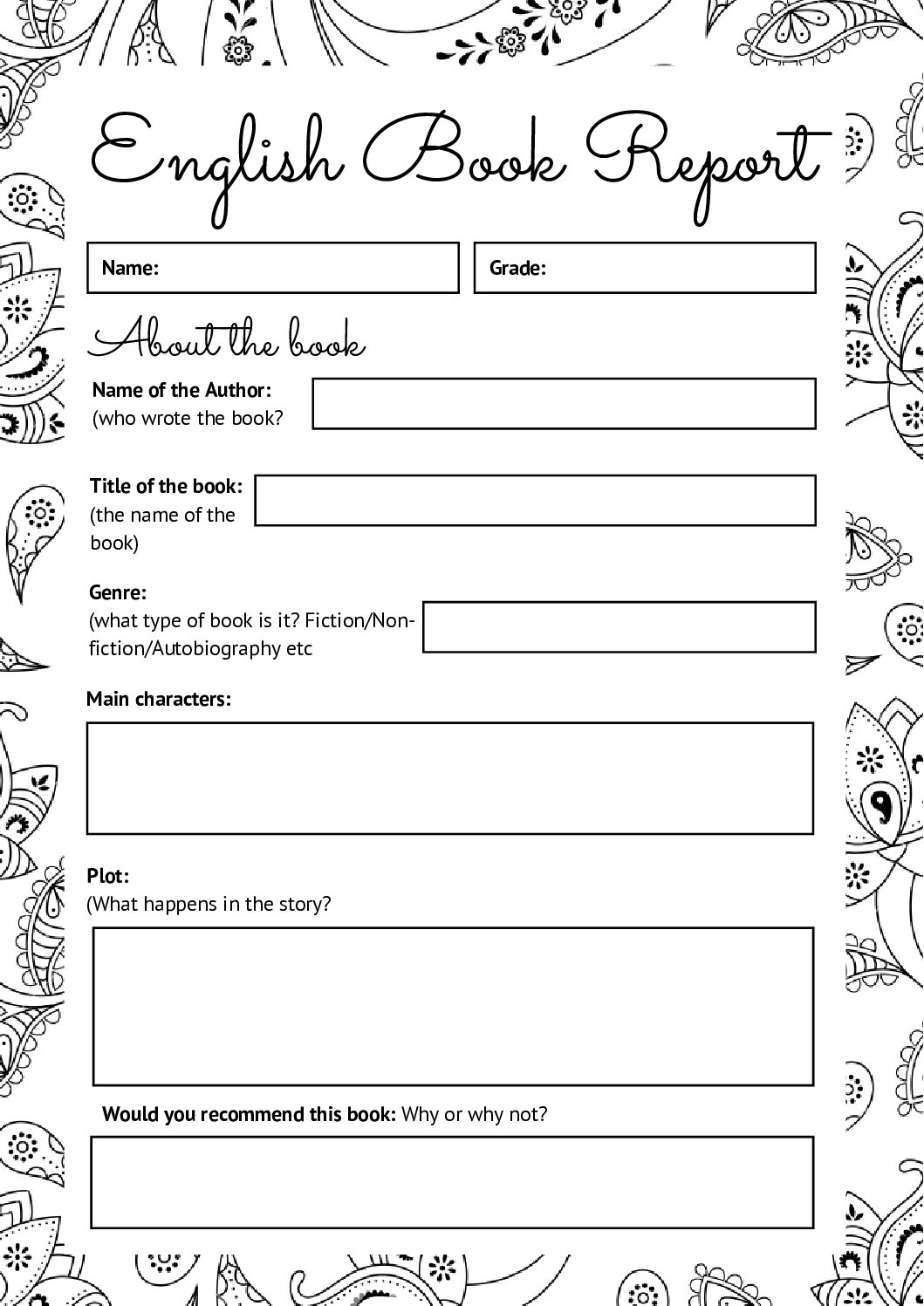 book report cheat sheet