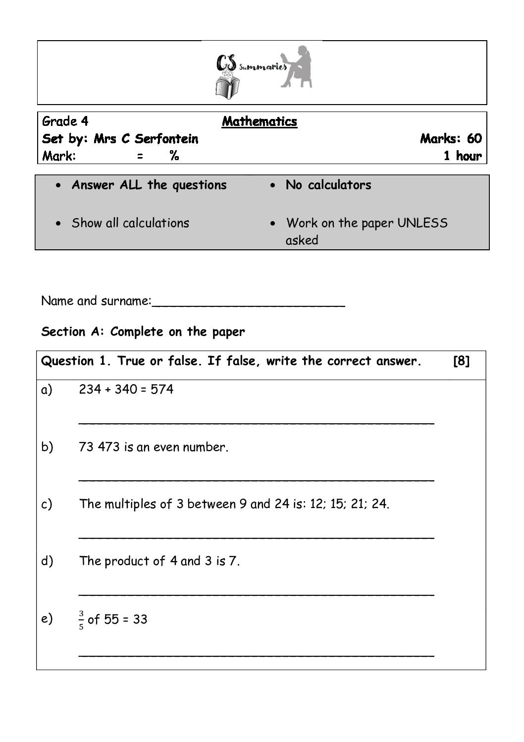 grade 4 english second term test paper