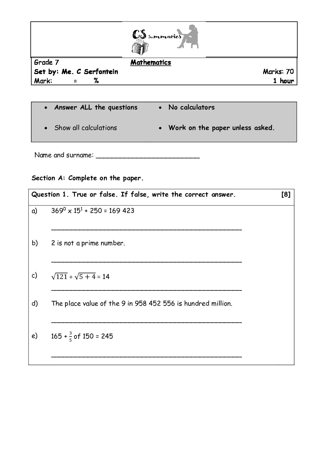 grade 7 maths assignment term 1