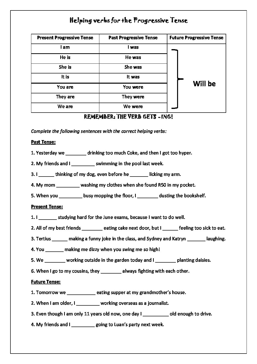 Progressive Verb Tense Worksheets Worksheets For Kindergarten