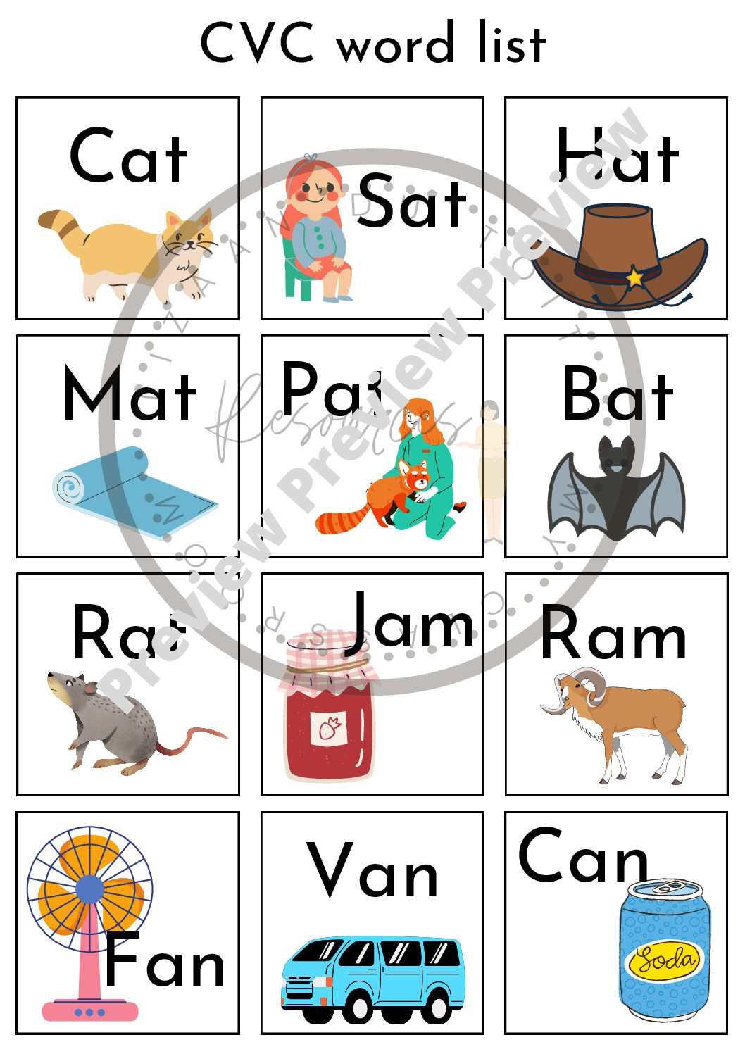 English CVC beginner reading word list – sight cards • Teacha!