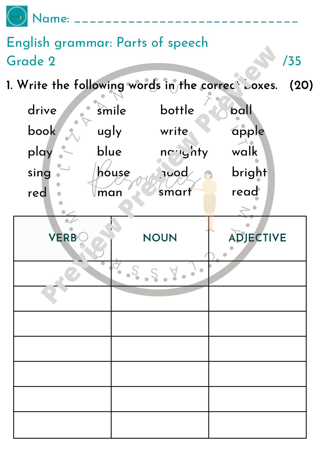 part of speech worksheet for class 2