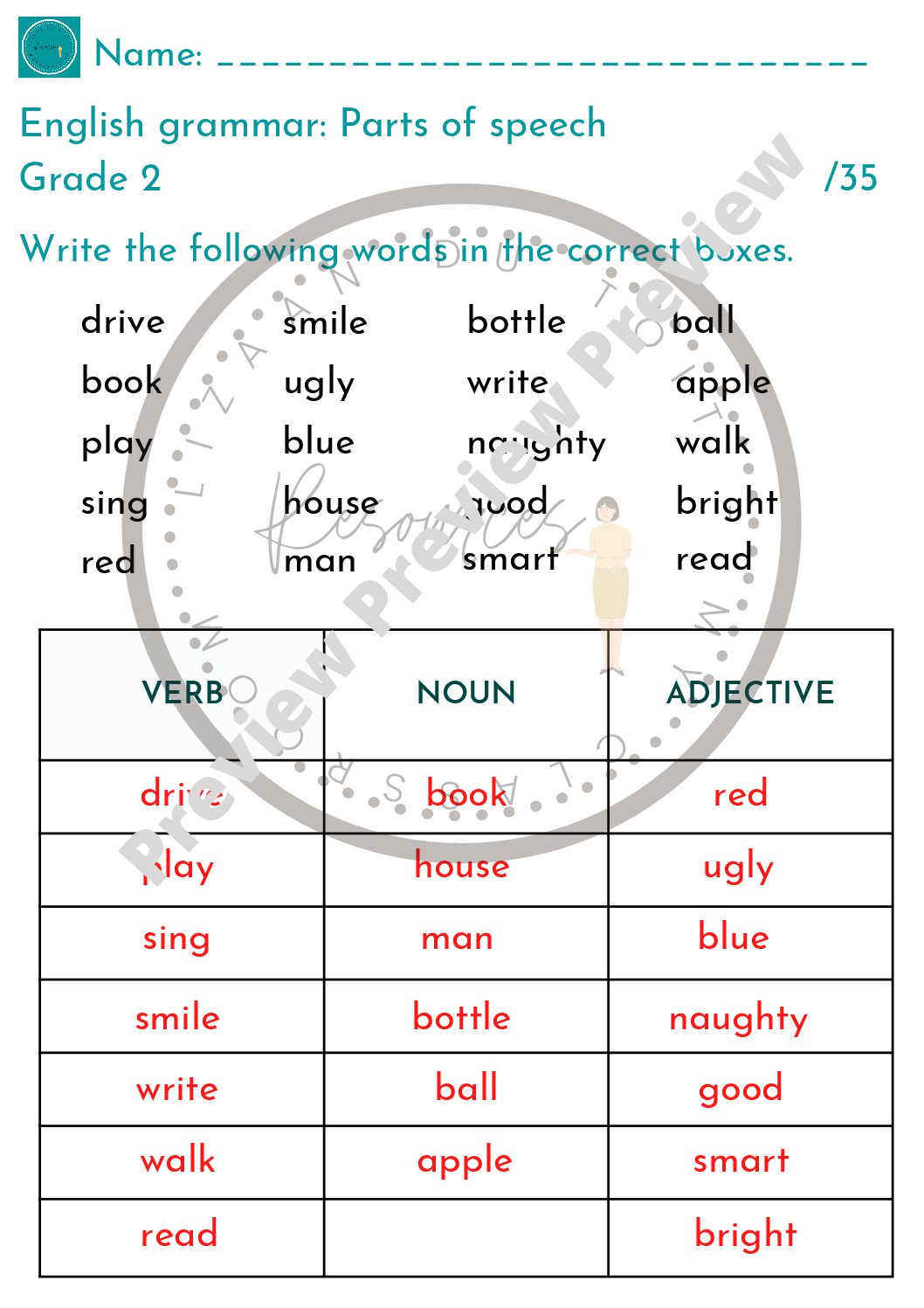 grammar worksheets for parts of speech