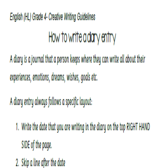 Grade 4 English HL Creative Writing Guidelines: Diary Entries • Teacha!