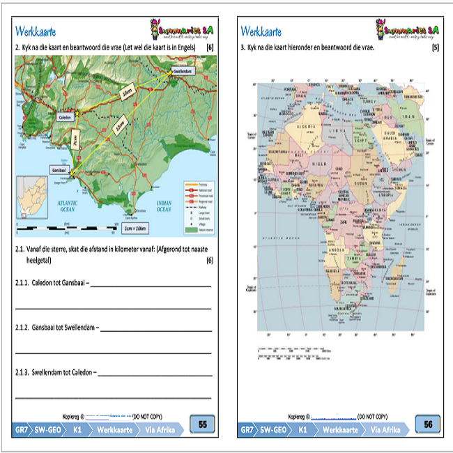 7770 6 graad 7 sosiale wetenskappe geografie kaartvaardighede werkkaarte via afrika kwartaal 1 Teacha