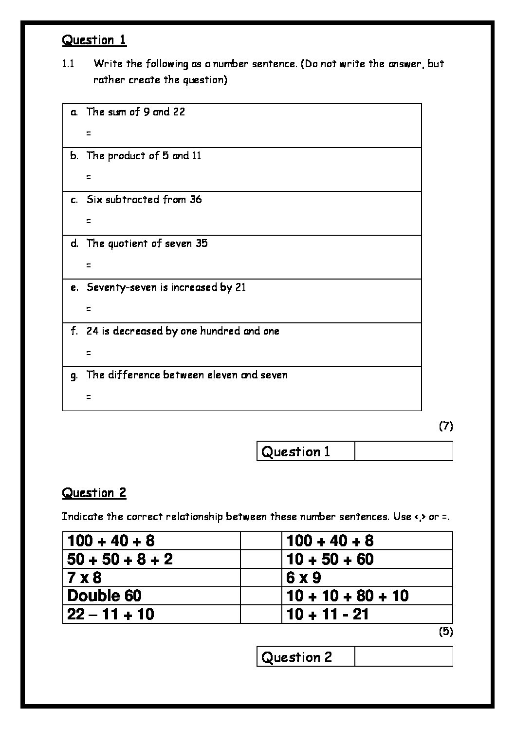 Mathematics Term 1 Task 2 Number Sentence 2023 MEMO Teacha