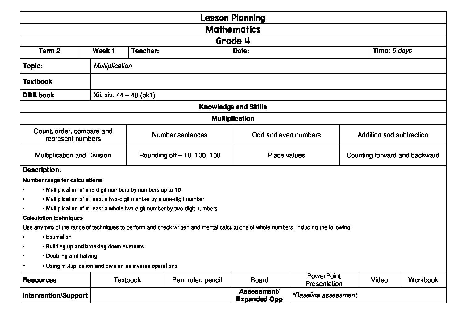 Teacha!　Planning　Mathematics　Grade　Lesson　Term　•