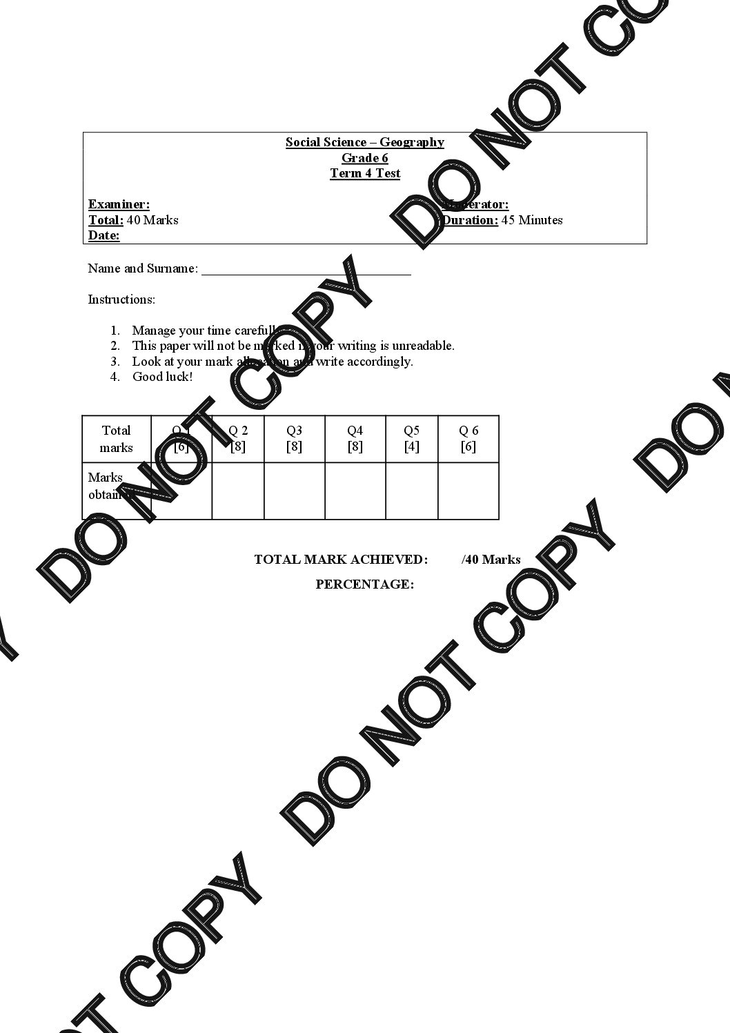 Grade 6 SS-Geography Term 4 Test Preview